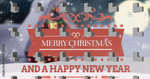 Displaying red ribbon banner featuring MERRY CHRISTMAS across snowy hill at night with gray blocks