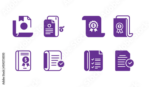 Set of purple document icons illustrating contracts agreements and financial concepts