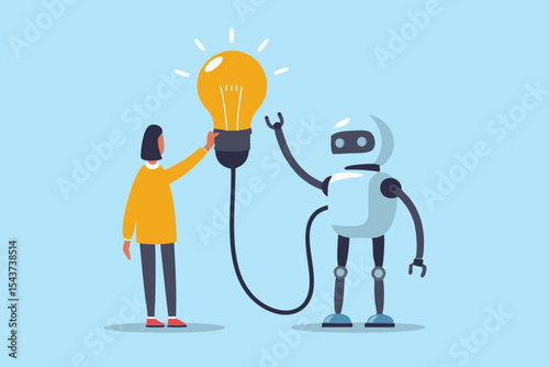Human and Robot Collaboration Generating Ideas Together with a Glowing Lightbulb in Blue Background