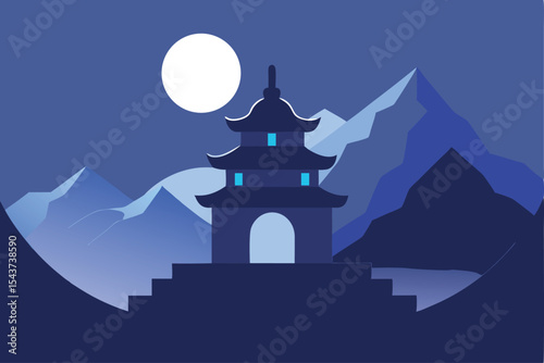 Tranquil Temple at Night A Serene Landscape Painting with Full Moon Over the Mountains