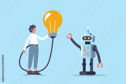 Human and Robot Collaboration with a Bright Idea Light Bulb Illustration
