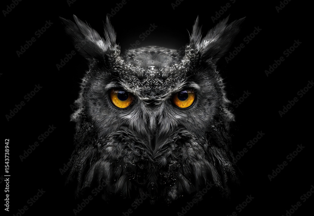 Obraz premium This captivating image showcases a fierce owl with striking golden eyes against a stark black background, embodying wisdom and mystery in nature's design.