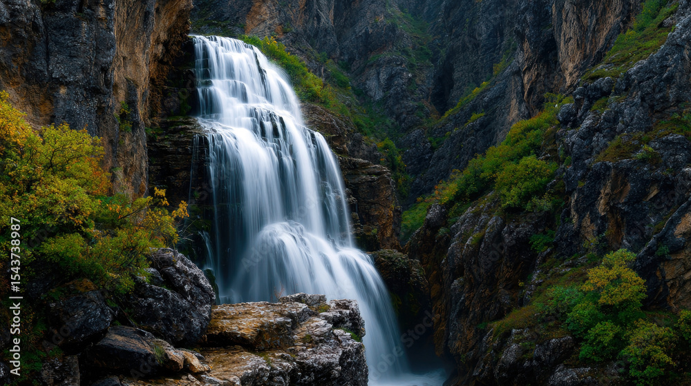 Experience the serene beauty of a majestic waterfall flowing through rugged cliffs, surrounded by vibrant greenery, encapsulating nature's tranquility and power in this breathtaking landscape. Experience the serene beauty of a majestic waterfall flowing through rugged cliffs, surrounded by vibrant greenery, encapsulating nature's tranquility and power in this breathtaking landscape.