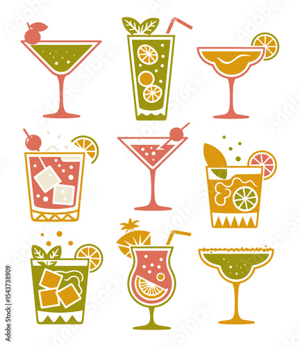 Set of colorful cocktail and drink silhouettes in various glass shapes. Vibrant beverage collection perfect for bar, party, summer, and menu designs. Isolated on transparent background.