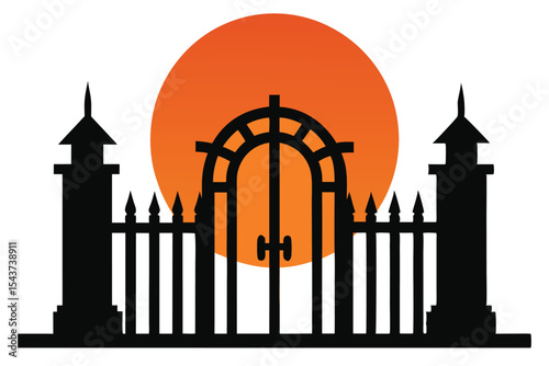 Silhouette of a majestic iron gate with a round sun setting behind it, perfect for symbolic logos and invitations