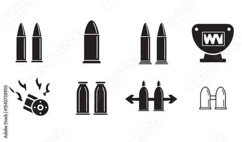 Set of vector illustrations of bullets ammunition gun cartridge weapon and war objects