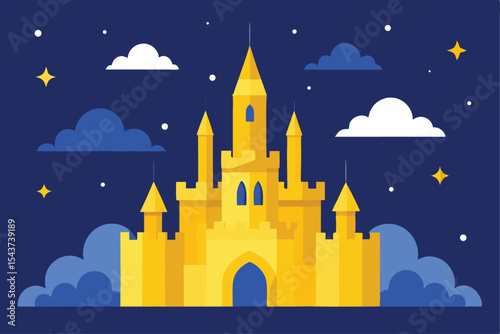 Enchanting golden castle illustration with dreamy clouds and stars against a dark blue background, perfect for fairy tales and magical themes.