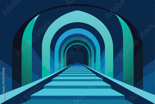 Abstract Tunnel Vision A Deep Dive into Modern Architecture with Layered Arches and Calming Blue Tones