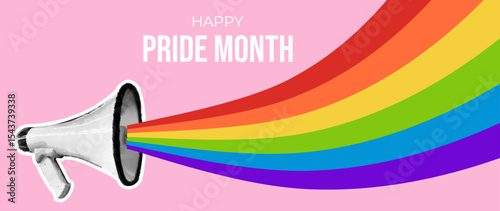Happy Pride Month background. 2025 Gay Pride Month. Vector banner with collage halftone loudspeaker and wavy pride flag on pink background with copy space