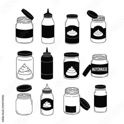 Mayonnaise Jar and Bottle Icon Set – Vector Condiment Containers for Food Packaging Design .