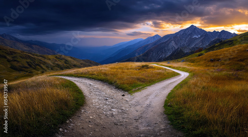 Discover the beauty of nature as two trails diverge in a breathtaking mountain landscape, illuminated by a vibrant sunset, inviting adventurers to choose their path in tranquility.