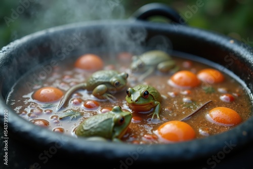 A close-up of a cauldron with a foul Halloween stew made of fly agarics, frogs, mice, and tails. The witch's potion bubbles with dark magic