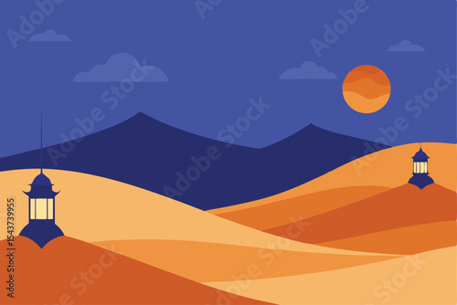 Serene Desert Night Landscape with Lanterns, Moon, and Mountains Vector Illustration
