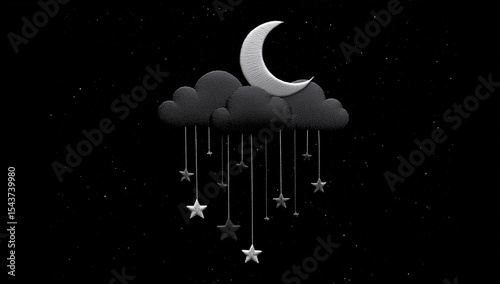 Moon and Stars Hanging from Cloud in Dreamy Night Sky

