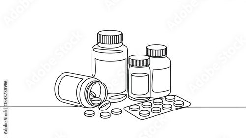 Line art illustration of medicine bottles and pills