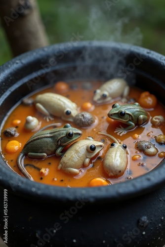 A close-up of a cauldron with a foul Halloween stew made of fly agarics, frogs, mice, and tails. The witch's potion bubbles with dark magic