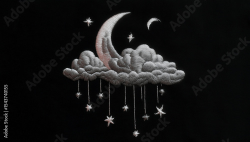 Moon and Stars Hanging from Cloud in Dreamy Night Sky

