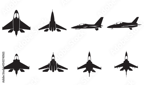Silhouettes of modern jet fighter aircraft displaying various angles and views in black