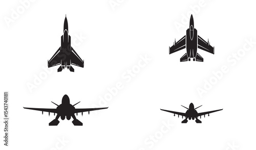 Silhouettes of modern fighter jets in various angles against a clean white background