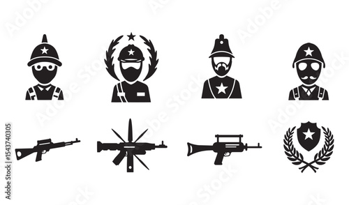 Silhouettes of soldiers weapons and military emblems representing uniformed military service