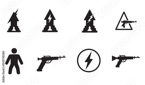 Simple black and white vector icons of electrical hazards weapons and human figure