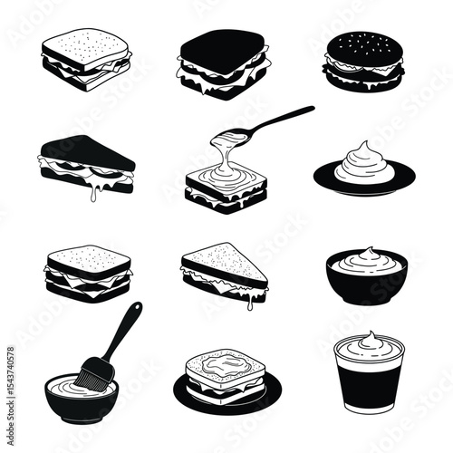 Black Silhouette Sandwich and Spread Vector Icons – Burger, Sauce, Butter, Cream & Toast .