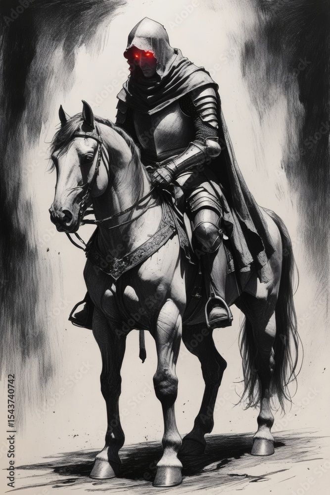 Fototapeta premium Medieval knight, armored warrior, dark fantasy, horse rider, epic illustration, battle scene, knight artwork, fantasy art, warrior portrait, historical design, dramatic lighting, equestrian art, 