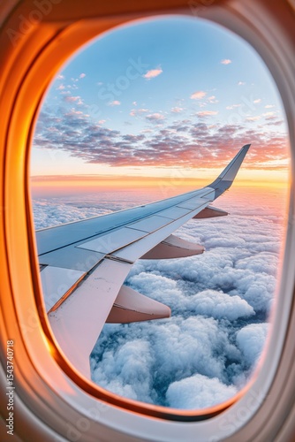 Airplane wing flying above the clouds during a colorful sunset seen through an airplane porthole