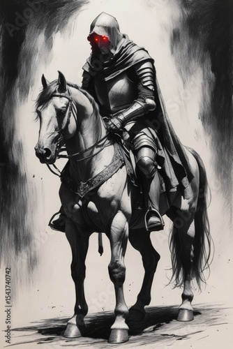 Medieval knight, armored warrior, dark fantasy, horse rider, epic illustration, battle scene, knight artwork, fantasy art, warrior portrait, historical design, dramatic lighting, equestrian art, 