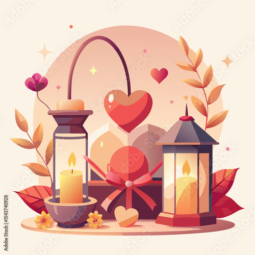 Vector arrangement of romantic objects: heart-shaped candles, small lantern with light, flower petals, ribbon bows. Clean flat vector style, soft color palette, white background.