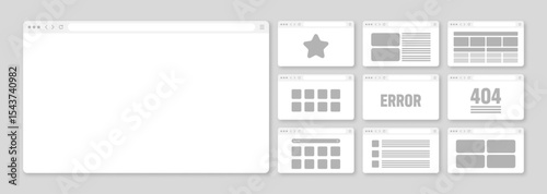 Web browser window, pages layout with toolbar and search field. Modern website, internet page in flat style. Browser mockup for computer, tablet and smartphone. Adaptive UI. Vector illustration