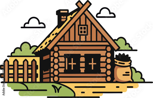 Rustic Wooden Farmhouse with Picket Fence and Hay Sack – Countryside Illustration
