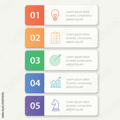 Numbered step infographic with business icons and color panels