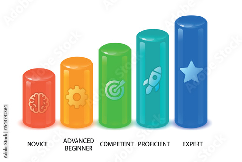 Skill level bar chart from novice to expert with icons