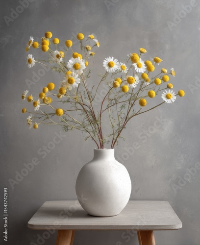 Wallpaper Mural A simple white vase holds a bouquet of chamomile flowers with yellow centers, sitting on a small grey table against a textured grey backdrop Torontodigital.ca