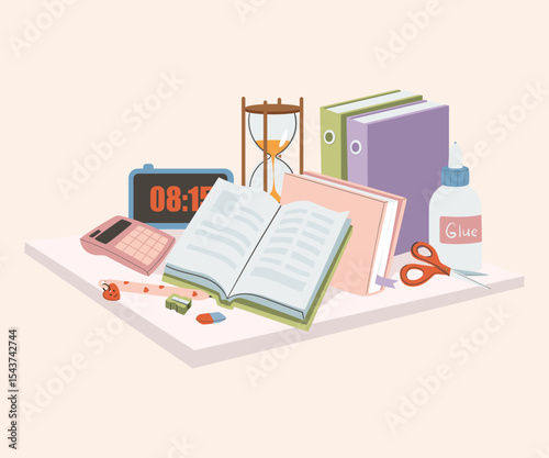 Stationery supplies Back To school Concept accessories items. Sketchbook, note book, diary, stationary tools composition. Flat vector illustration.