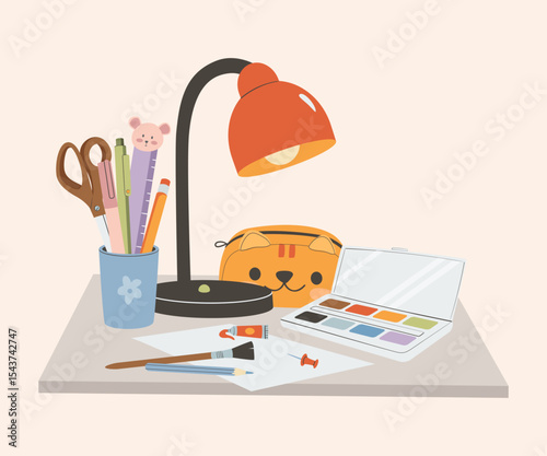 Stationery supplies Back To school Concept accessories items. Sketchbook, note book, diary, stationary tools composition. Flat vector illustration.