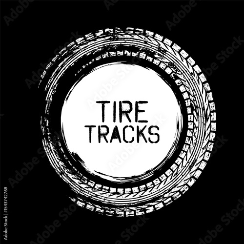 Grunge circle tire track, wheel braking mark. Truck, car or motorcycle tread pattern silhouettes. Auto race, motorsport, speed racing design element. Vector illustration