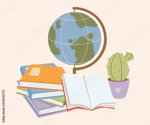 Stationery supplies Back To school Concept accessories items. Sketchbook, note book, diary, stationary tools composition. Flat vector illustration.