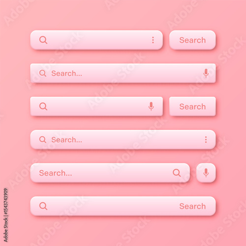 Colorful 3d search bar templates. Internet browser engine with search box, address bar and text field. UI design, website interface element with web icons and push button. Vector illustration