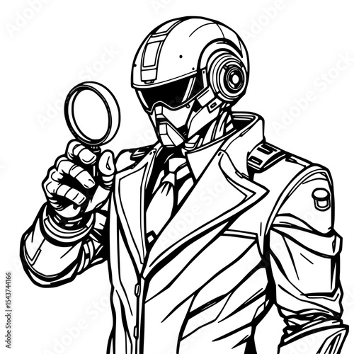 Illustration of a futuristic robot detective with a magnifying glass wearing a suit, embodying technology and investigation