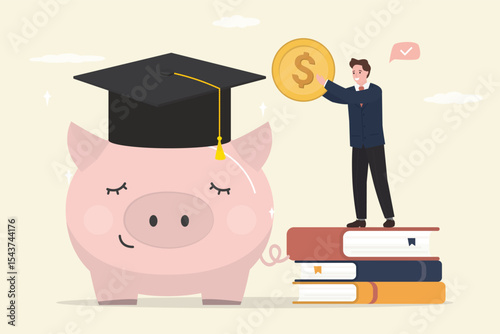 Education investment. Saving money for education. Stack of textbook, piggy bank with graduation hat, student insert dollar coin into bank.