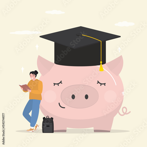 Education investment. Saving money for education. Stack of book and graduation hat, young female student reading book near piggy bank. Collecting money for school fees