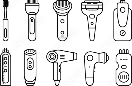 Outline illustration of various personal care and grooming appliances set up
