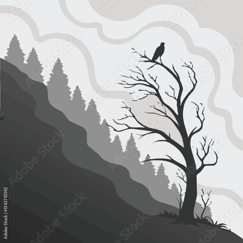 A striking vector illustration depicts a lone tree, its silhouette framed by a misty mountain landscape, with intricate branches and leaves hinting at the changing seasons