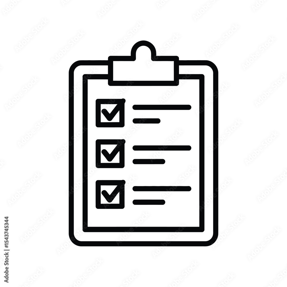 Checklist clipboard icon black and white line art