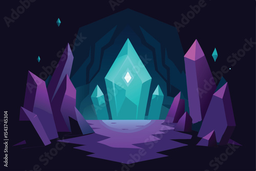 Enchanted Crystal Cave Glowing Gems and Purple Mountains Illustration