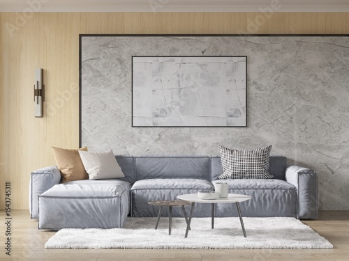 Mock up of an outrageous living room with a comfortable corner sofa and a fashionable decorative background, 3D rendering.