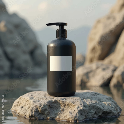 cosmetic products mockups,shampoo bottles,without label,white label,rock,flower,water, realistic shampoo bottle with creative background,transparent bottle,3d product mockups,plastic hair bottle