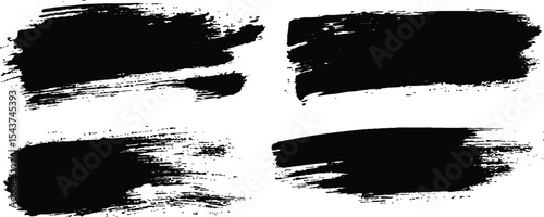 Black paint brushstrokes set on isolated on white background. Brush strokes with watercolor paint, Collection of grunge black brush strokes of various lengths and textures. 